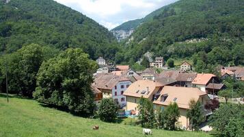 A rural village with traditional houses, a visible hotel, and a green valley.