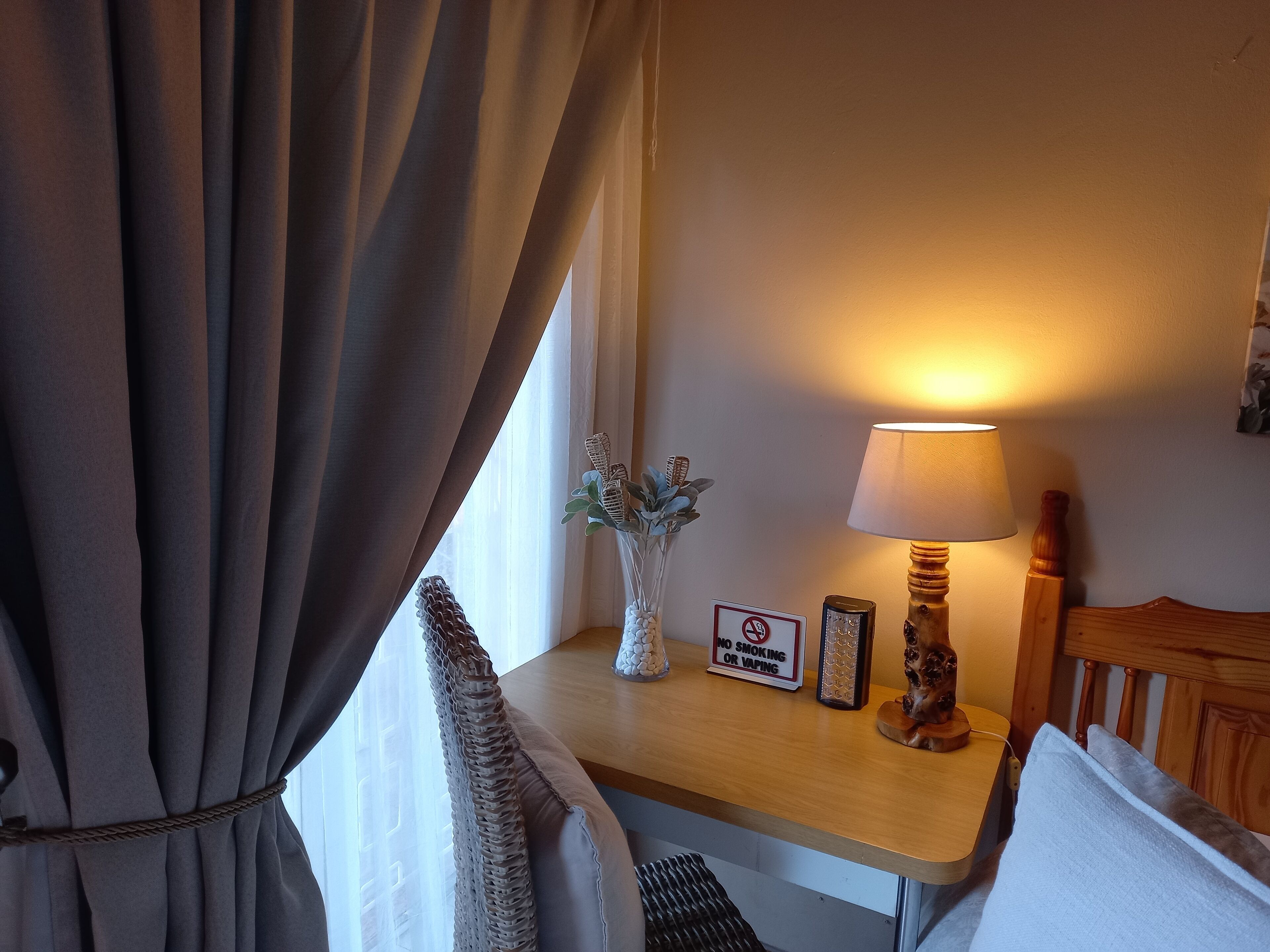 Ein Zimmer mit Nachttisch, Lampe, einem Rauchverbotsschild und einer Zimmerpflanze.