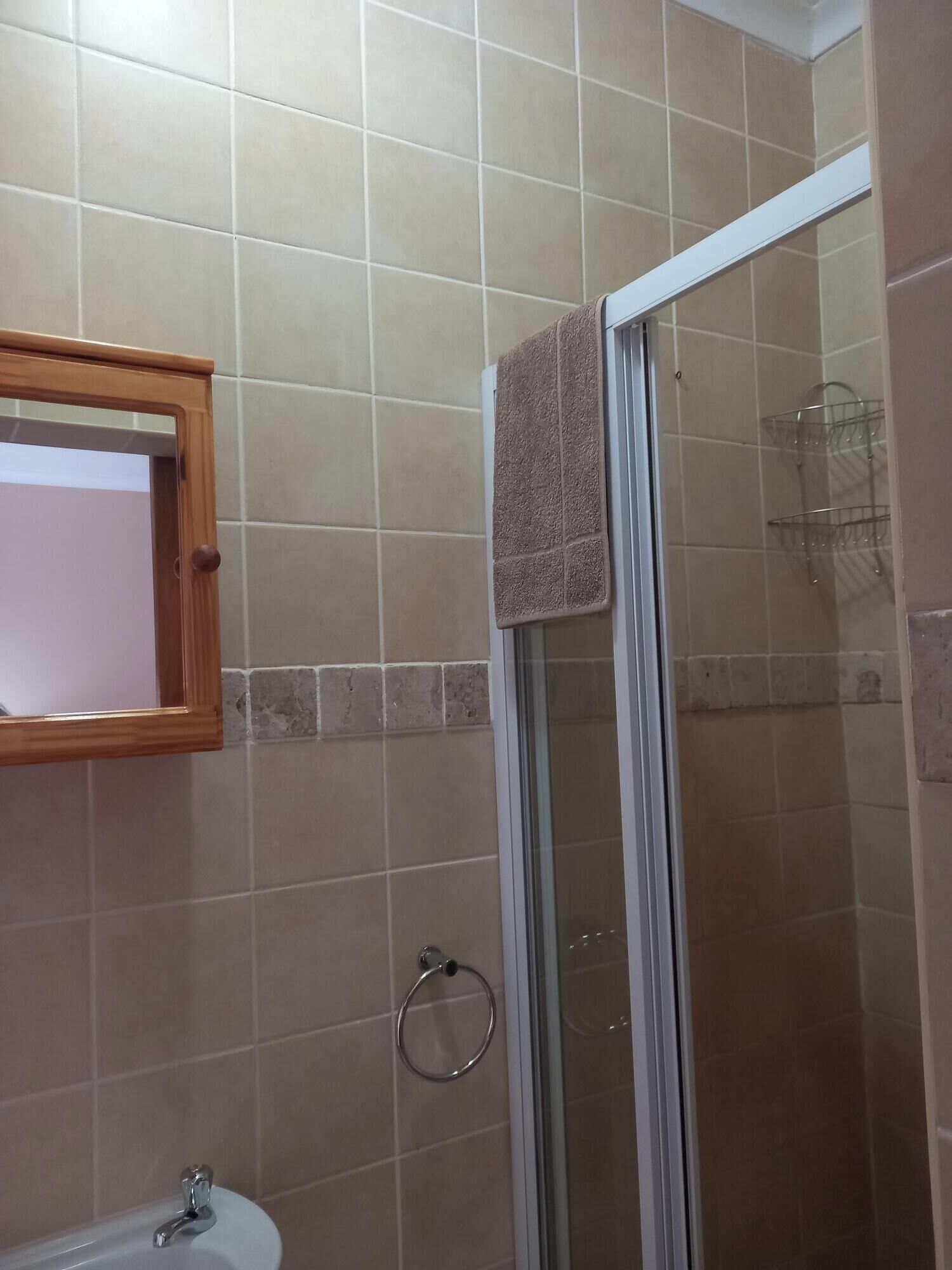 Un baño con ducha, lavamanos y espejo.
