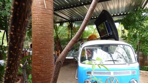 Una furgoneta Volkswagen azul y blanca estacionada bajo una estructura de techo metálico, rodeada de árboles y plantas.