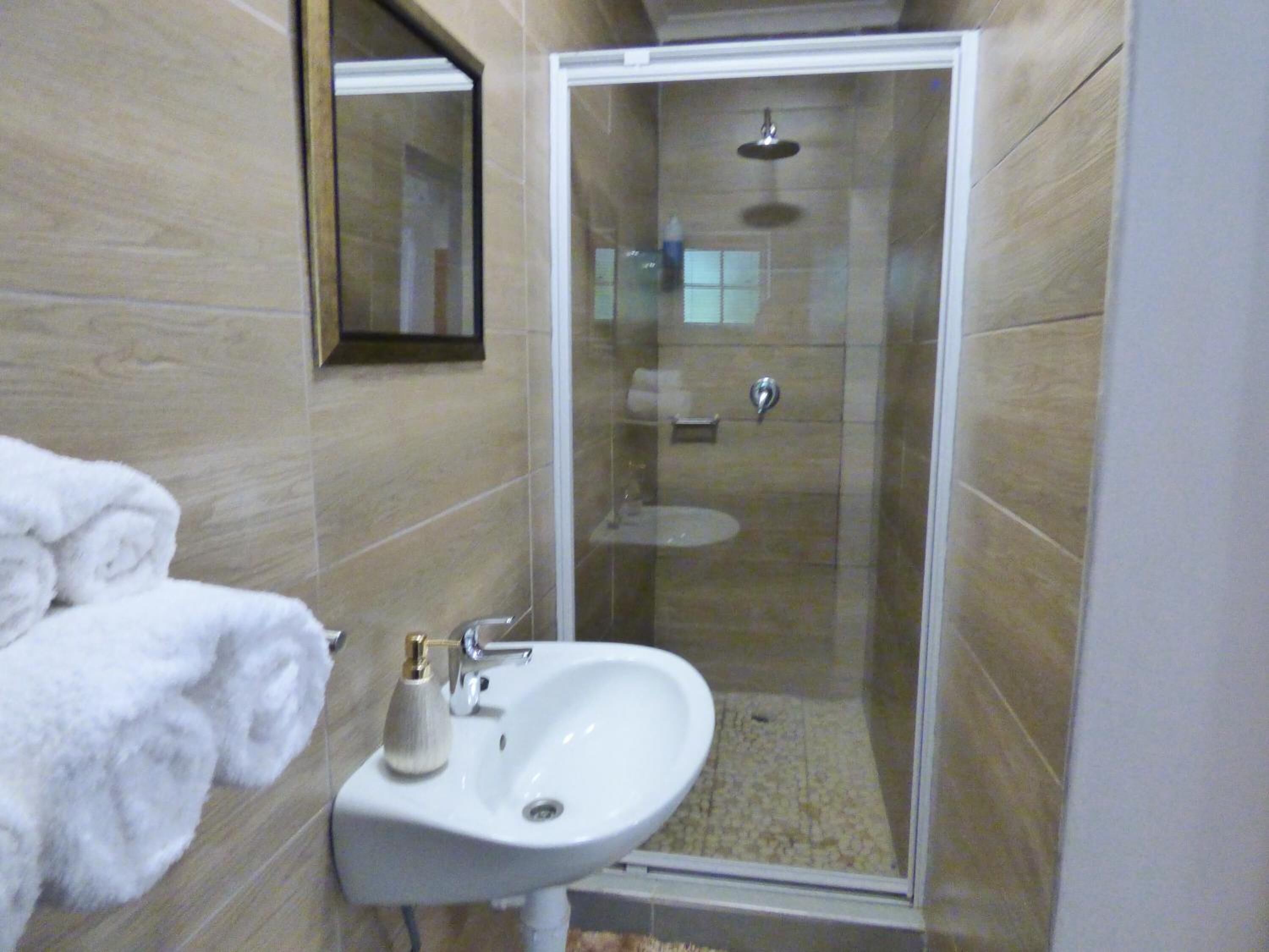 Baño con ducha envuelta en vidrio, lavamanos y espejo.