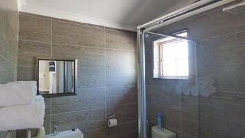 A bathroom with a sink, mirror, and shower.