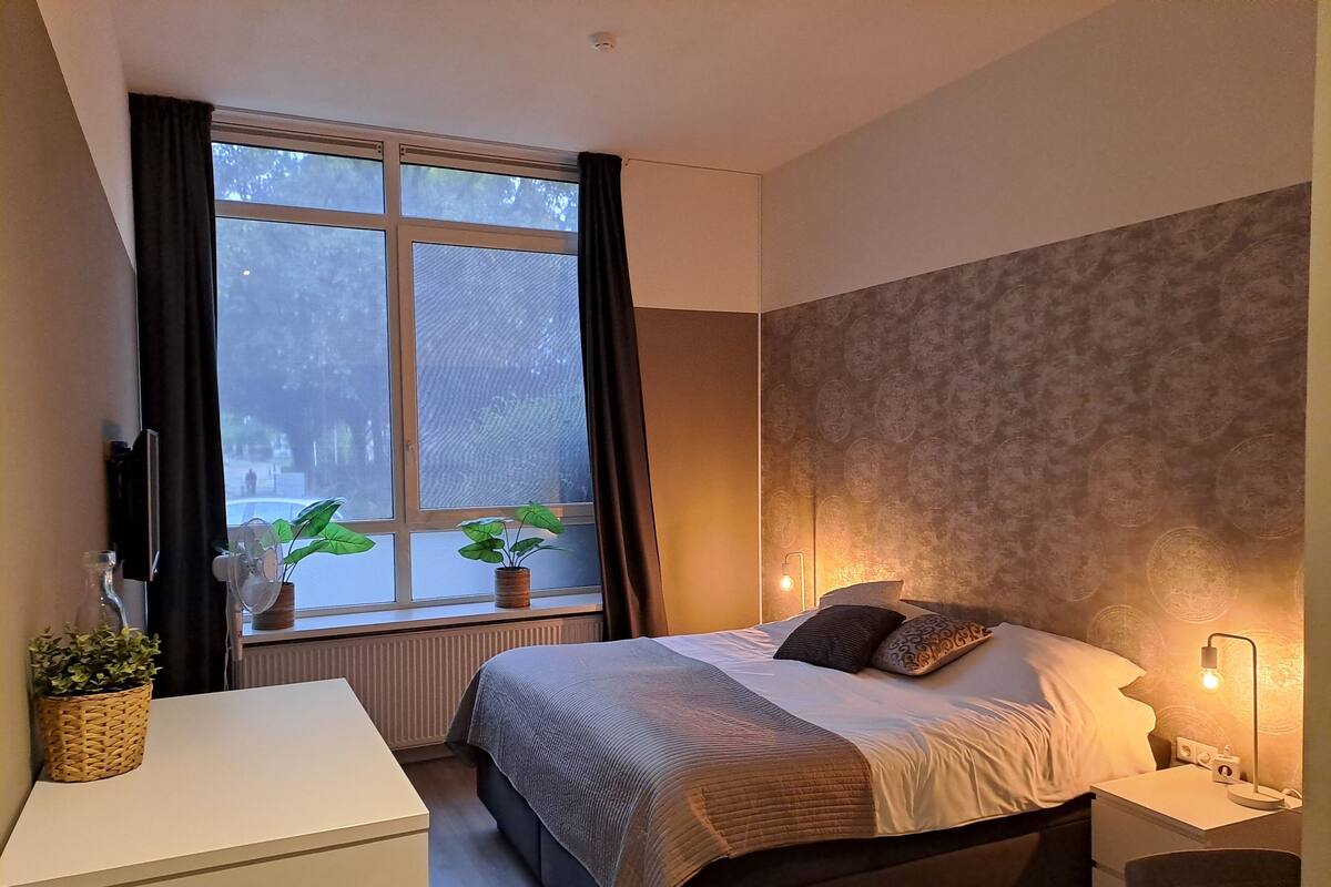 A modern bedroom with a large bed, bedside tables, and a window with curtains.
