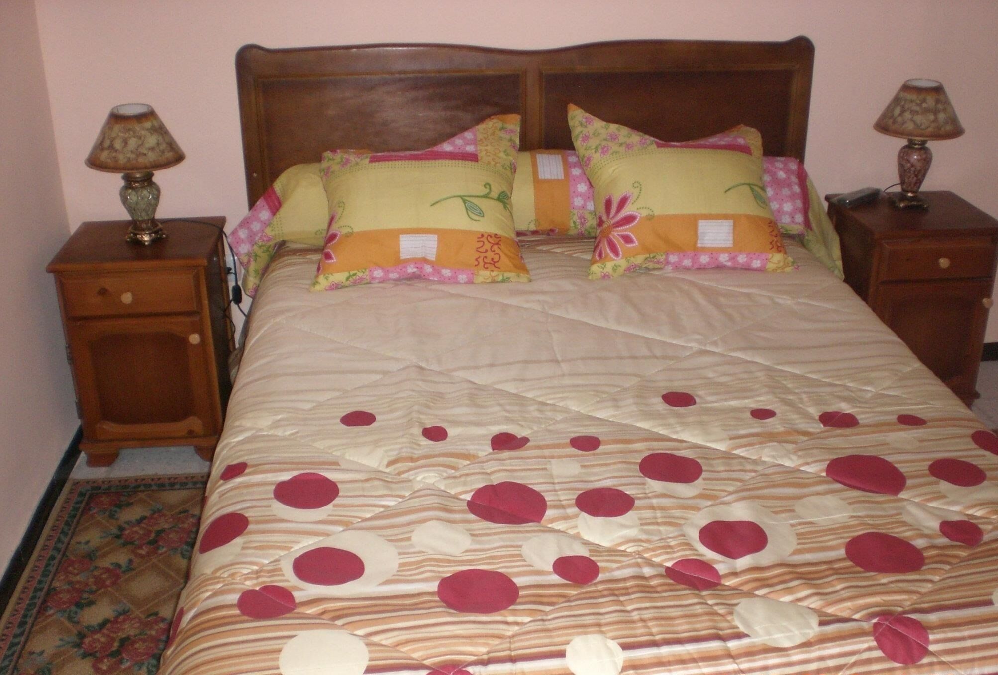 A bed with floral-patterned pillows and a striped bedspread. There are two bedside tables with lamps.
