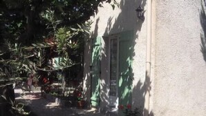 Um caminho estreito conduz a um edifício com porta verde, cercado por vasos de plantas e árvores.