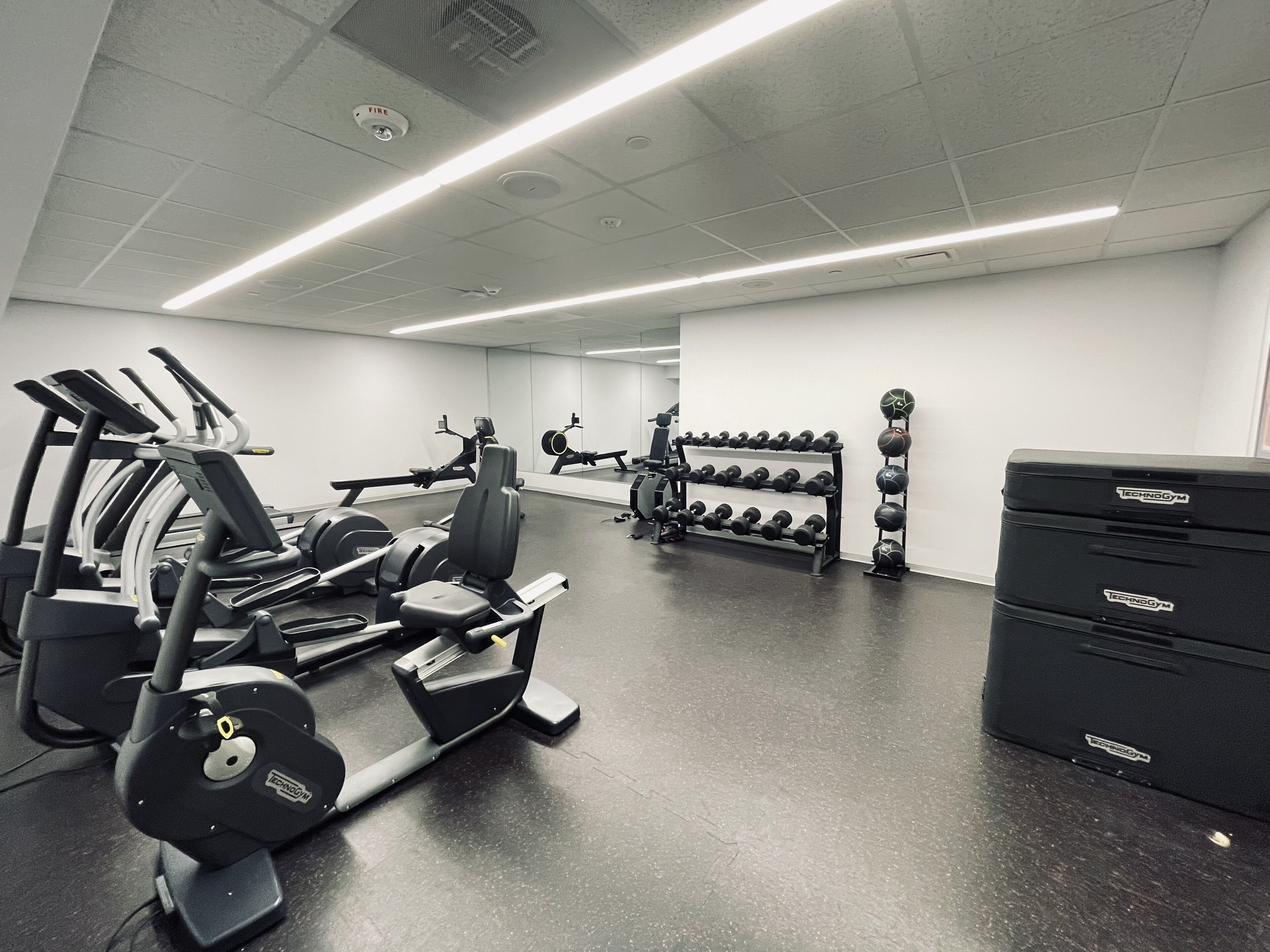 Une salle de sport équipée de tapis de course, d’appareils de musculation et d’une série de haltères.