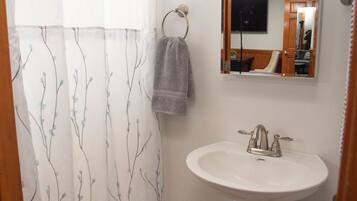 A bathroom with a white sink, a mirror, and a shower curtain with a tree pattern.