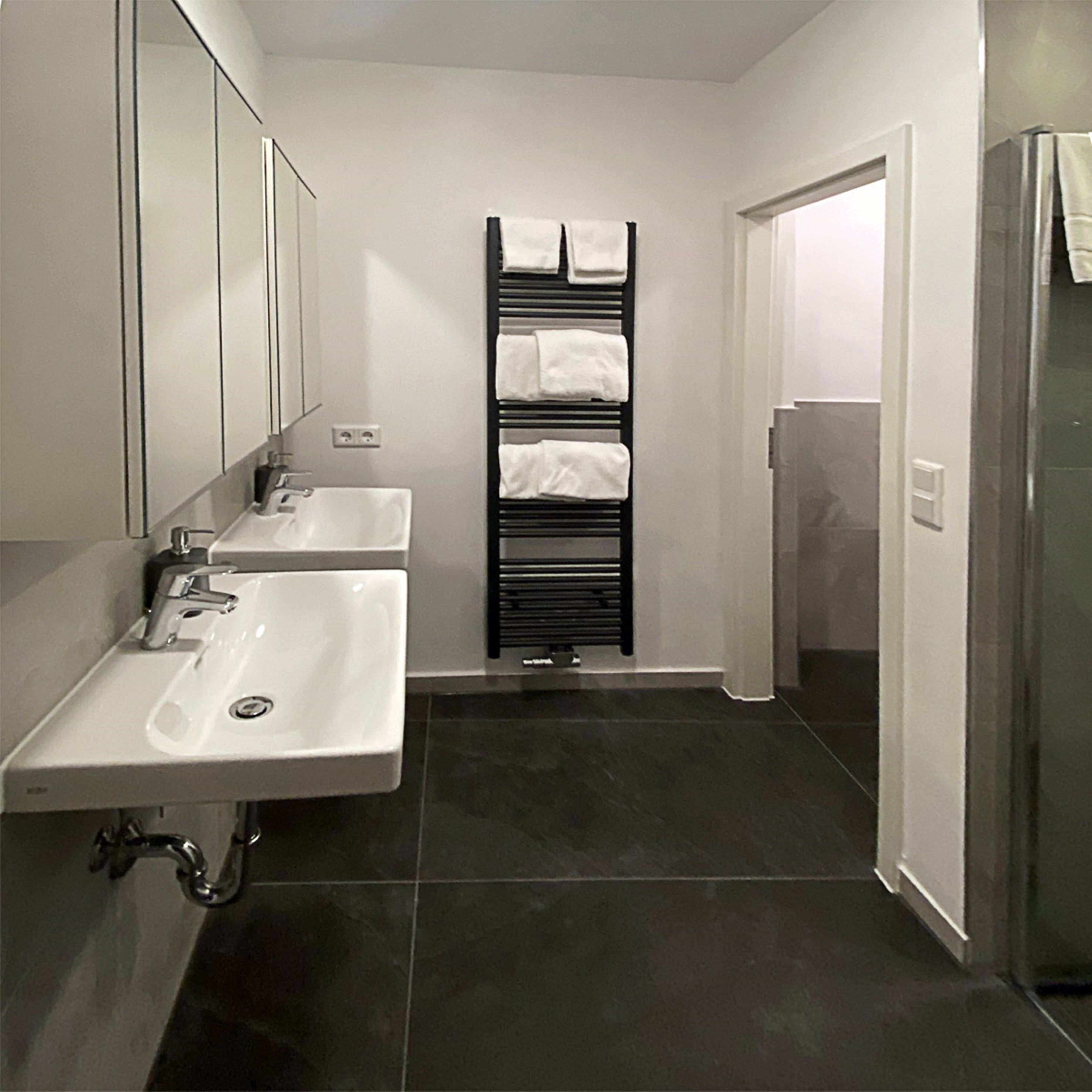 Une salle de bain moderne avec deux lavabos, un porte-serviettes et un espace douche.
