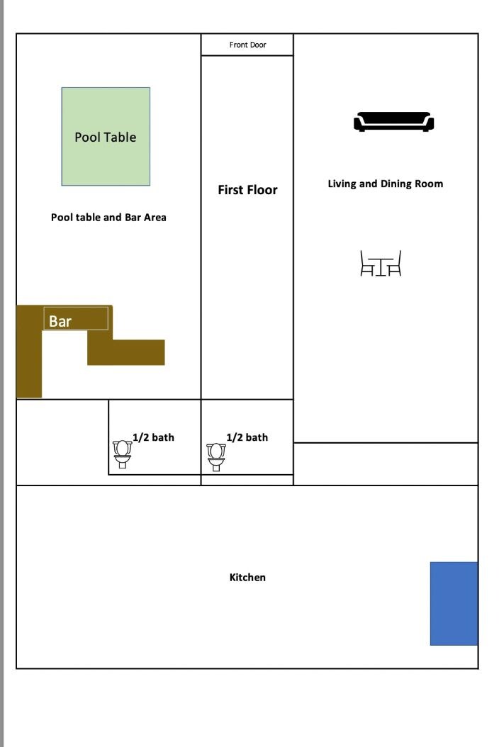 A hotel room layout with a pool table and bar area, a living and dining room, and a kitchen.