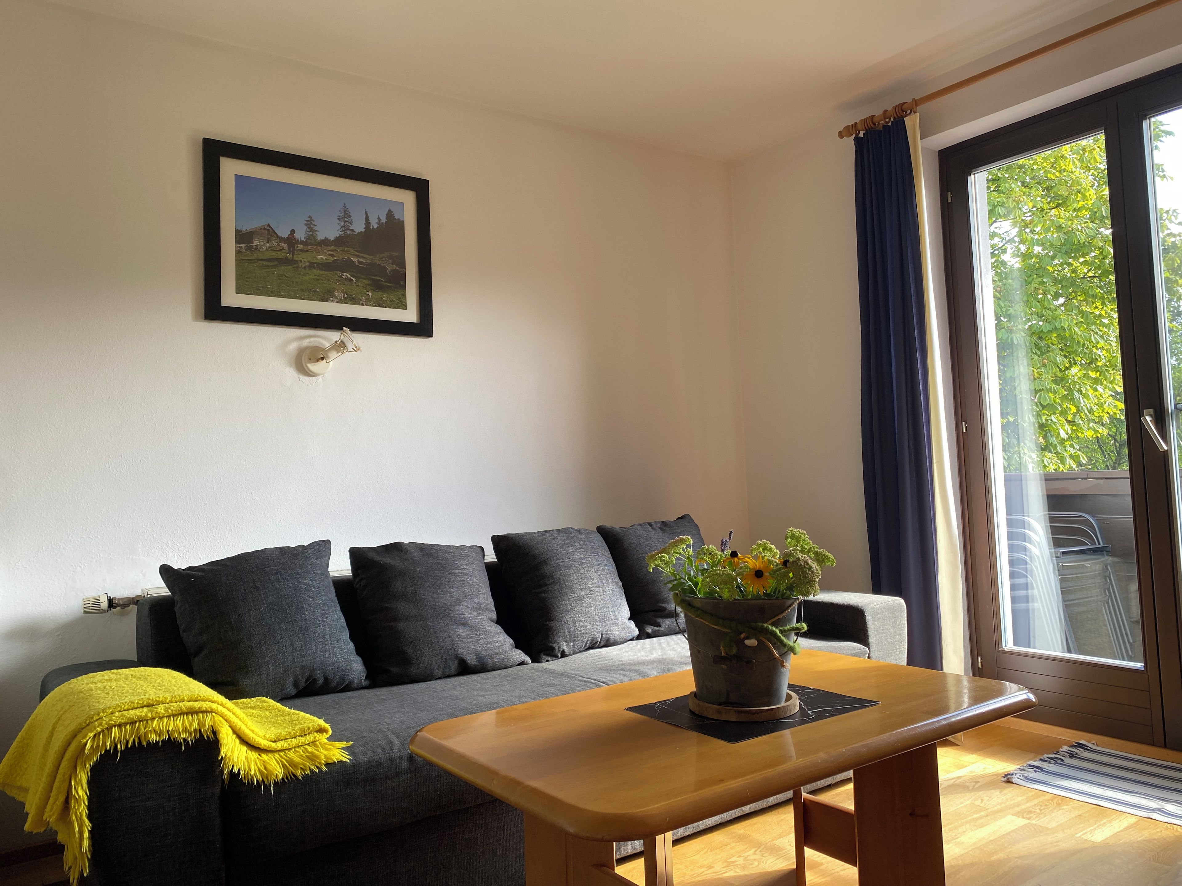 A living room with a sofa, a coffee table, a framed picture on the wall, and a window with curtains.