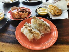 Una mesa con un plato de pescado frito y arroz, un plato de pollo a la parrilla y un bol de salsa.