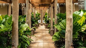 Une allée couverte en bois, bordée de grandes plantes tropicales, qui mène à un espace de détente.