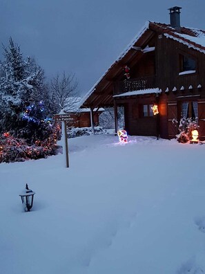 A wooden chalet with a snow-covered roof, a balcony with lights, and a sign indicating 'Chalet La Palotte'. - Chalet "La Palette" with Wifi in nature on a plot of 11 ares (Champdray)