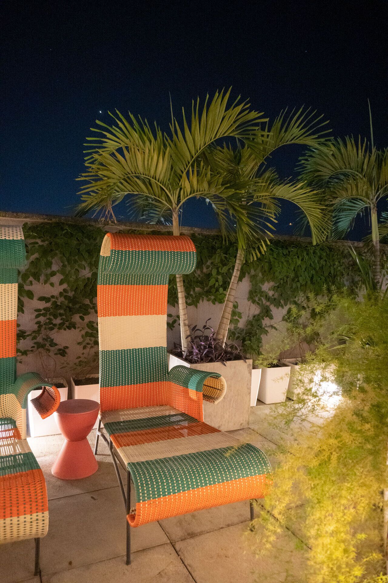 Outdoor wicker furniture with cushions, a potted plant, and a wall with climbing plants.
