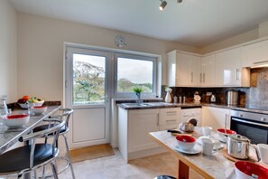Fridge, microwave, oven, cookware/dishes/utensils