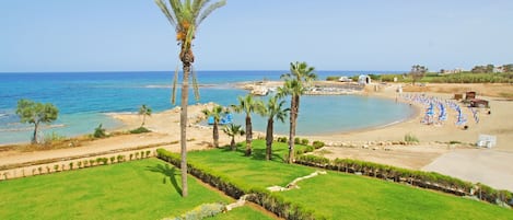 A beach resort with a well-maintained lawn, palm trees, and a clear view of the sea.