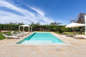 A rectangular swimming pool with a tiled deck, surrounded by lounge chairs and umbrellas, set against a backdrop of trees and a clear sky.
