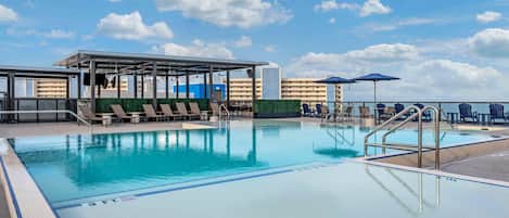 Outdoor pool, pool umbrellas, pool loungers