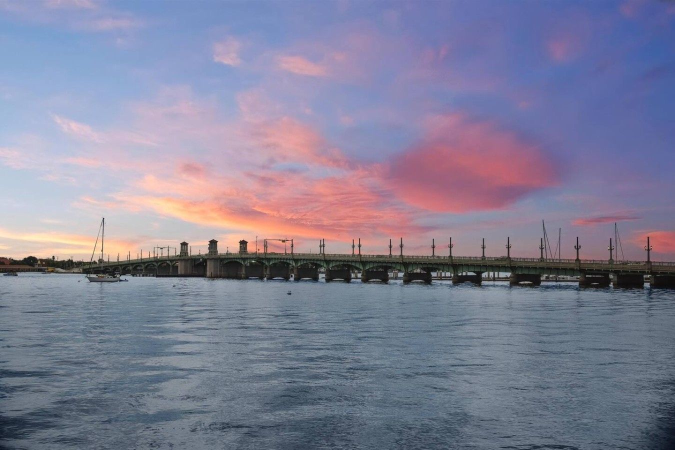 A bridge over water with a sunset sky.