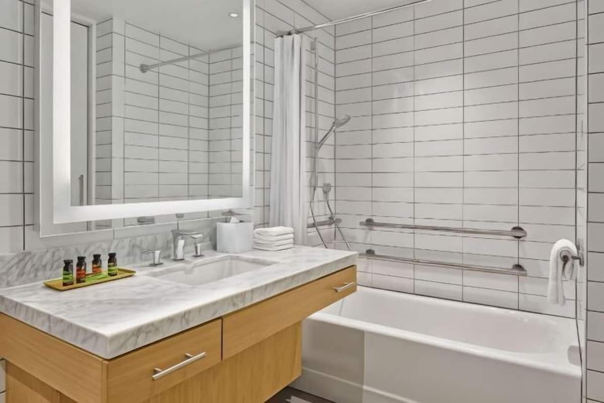 Hair dryer, towels, soap, shampoo