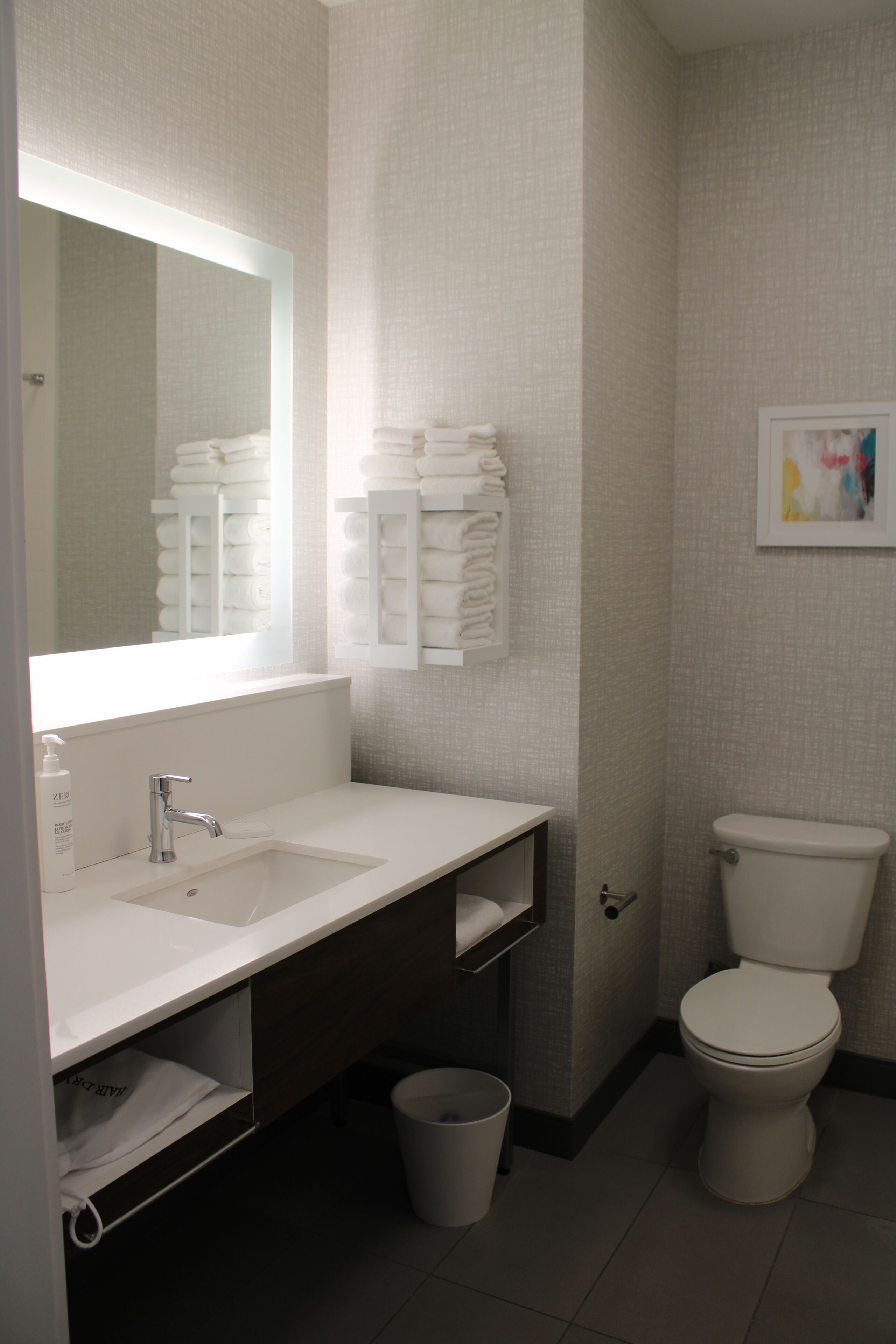 combined shower/bathtub, free toiletries, hair dryer, towels