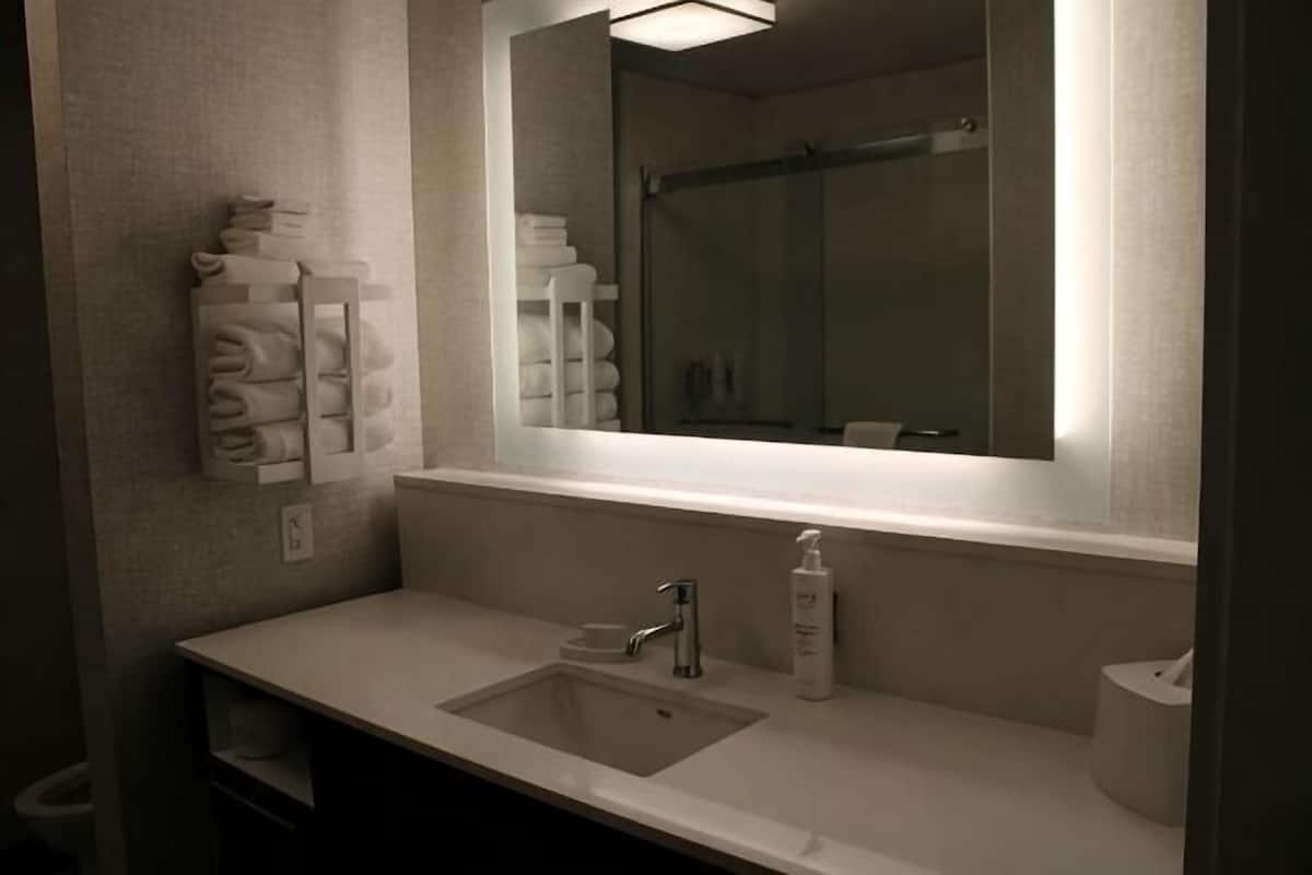Combined shower/tub, free toiletries, hair dryer, towels