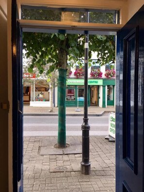 A view through a window with a tree, a street, and a building with a green sign. - The Blue House (Westport)