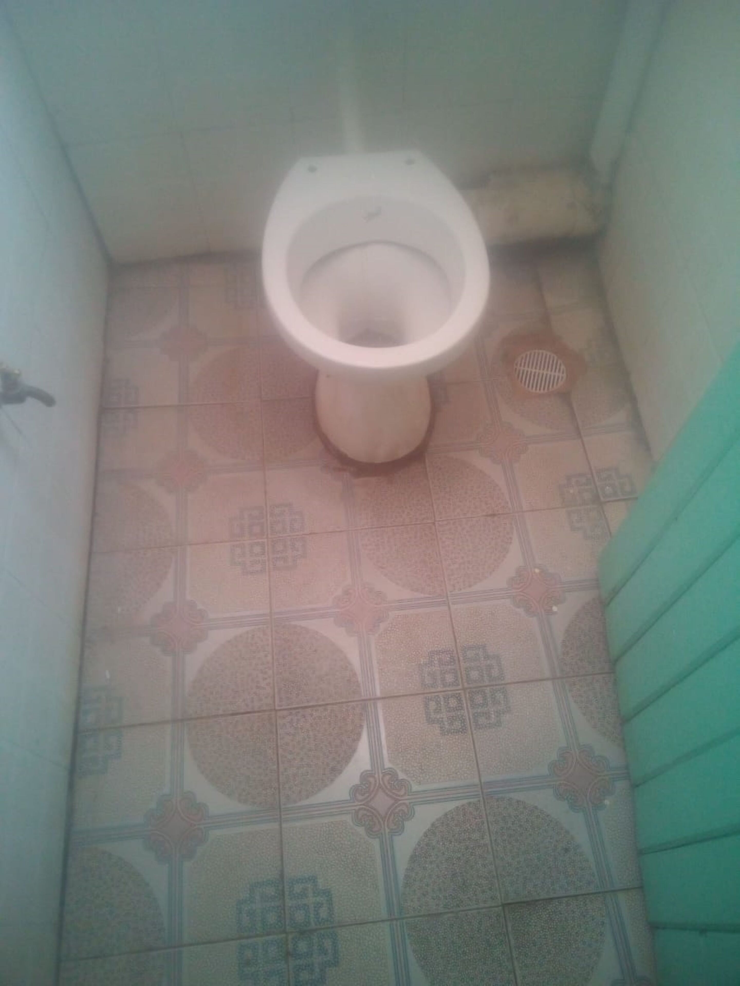 Et toilet i et badeværelse med gulvtiles i et mønster.