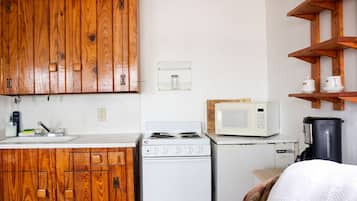 A compact kitchen with wooden cabinets, a white stove, a microwave, and a small refrigerator.