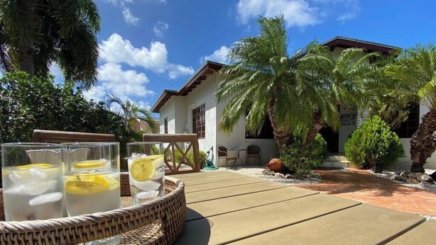 Un patio con una mesa de fibras naturales que sostiene vasos con una bebida y rodajas de limón, una casa con techo rojo y palmeras al fondo.