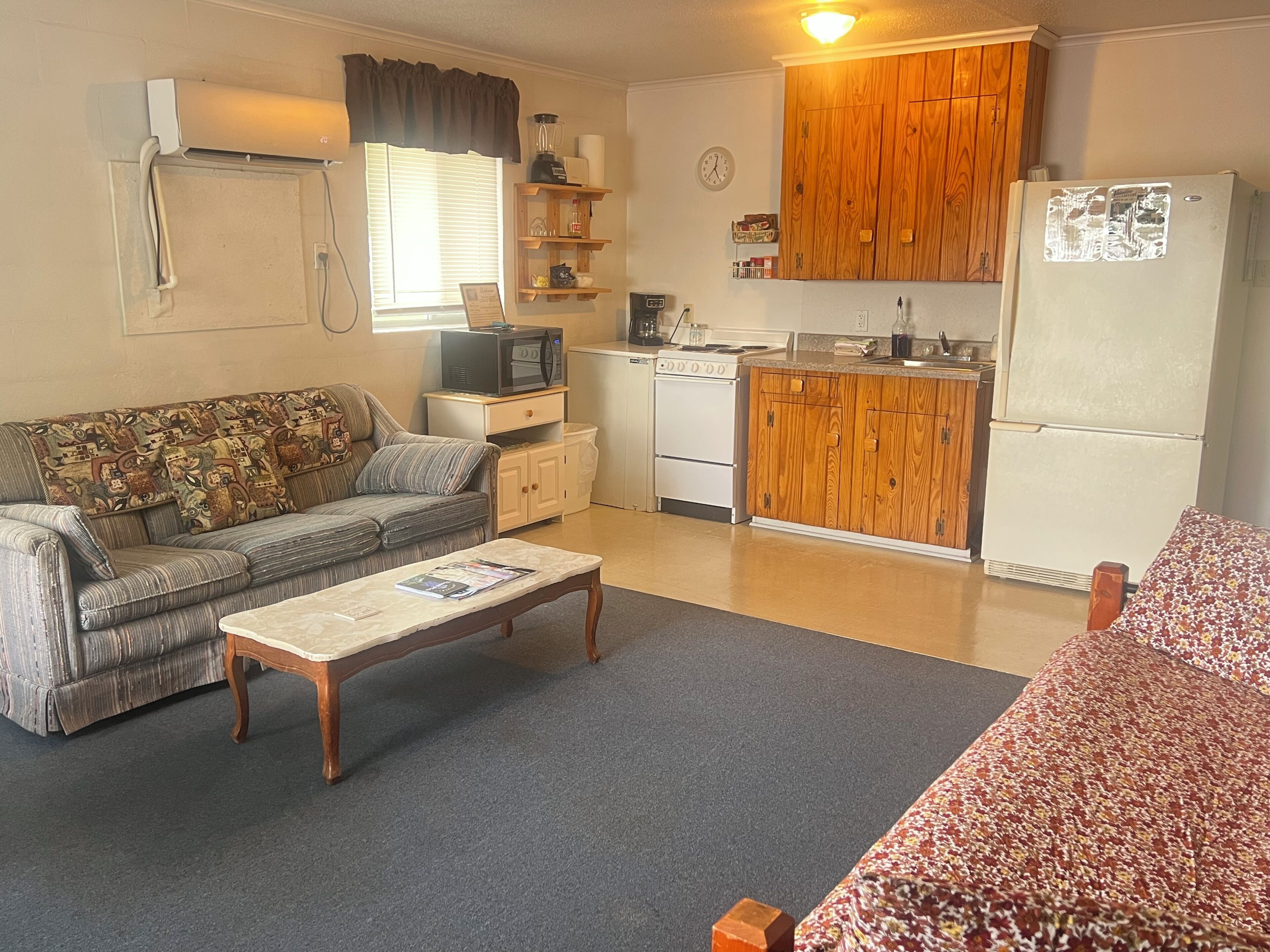 A compact living space with a sofa, a coffee table, a kitchen area including a microwave, stove, and refrigerator, and wooden cabinets.