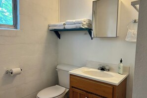 A bathroom with a toilet, sink, mirror, towel rack, and a window. - Lakefront Suite - 14 (Kingsland)