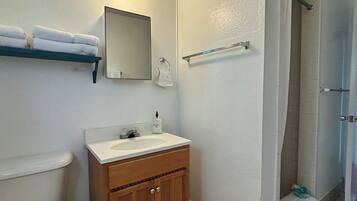 Hair dryer, towels, soap, shampoo