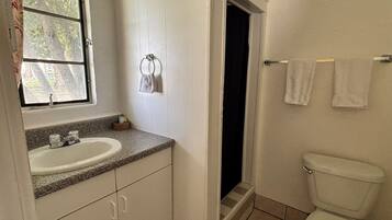 Hair dryer, towels, soap, shampoo