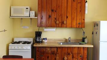 A compact kitchen with wooden cabinets, a microwave, a stove, a sink, and a refrigerator.