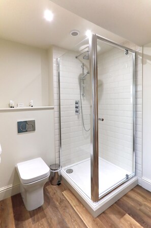 A modern bathroom with a glass-enclosed shower, a white toilet, and a wooden floor.