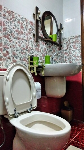 Douche, sĂšche-cheveux, serviettes fournies, savon