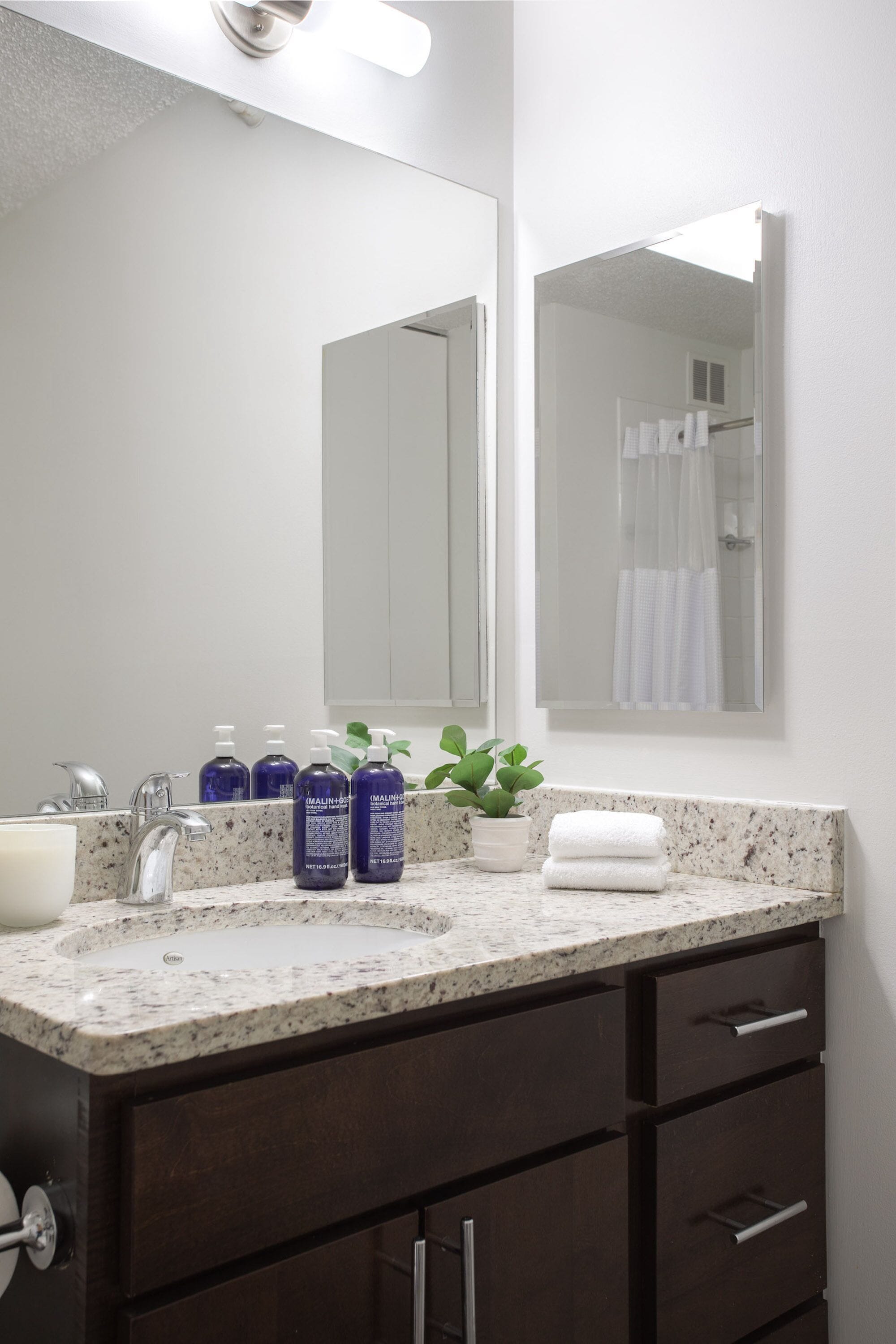 A bathroom with a granite countertop, dark cabinets, a large mirror, and a potted plant.