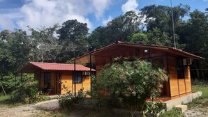 A wooden house with a red roof, surrounded by dense greenery and trees. - Cabaña Luna Roja (Ocosingo)