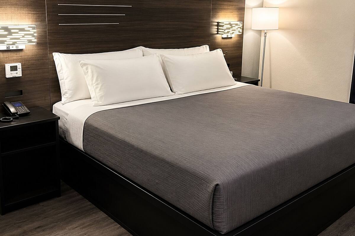 Une chambre d’hôtel moderne avec un grand lit, une table de chevet avec un téléphone et des lampes fixées au mur.