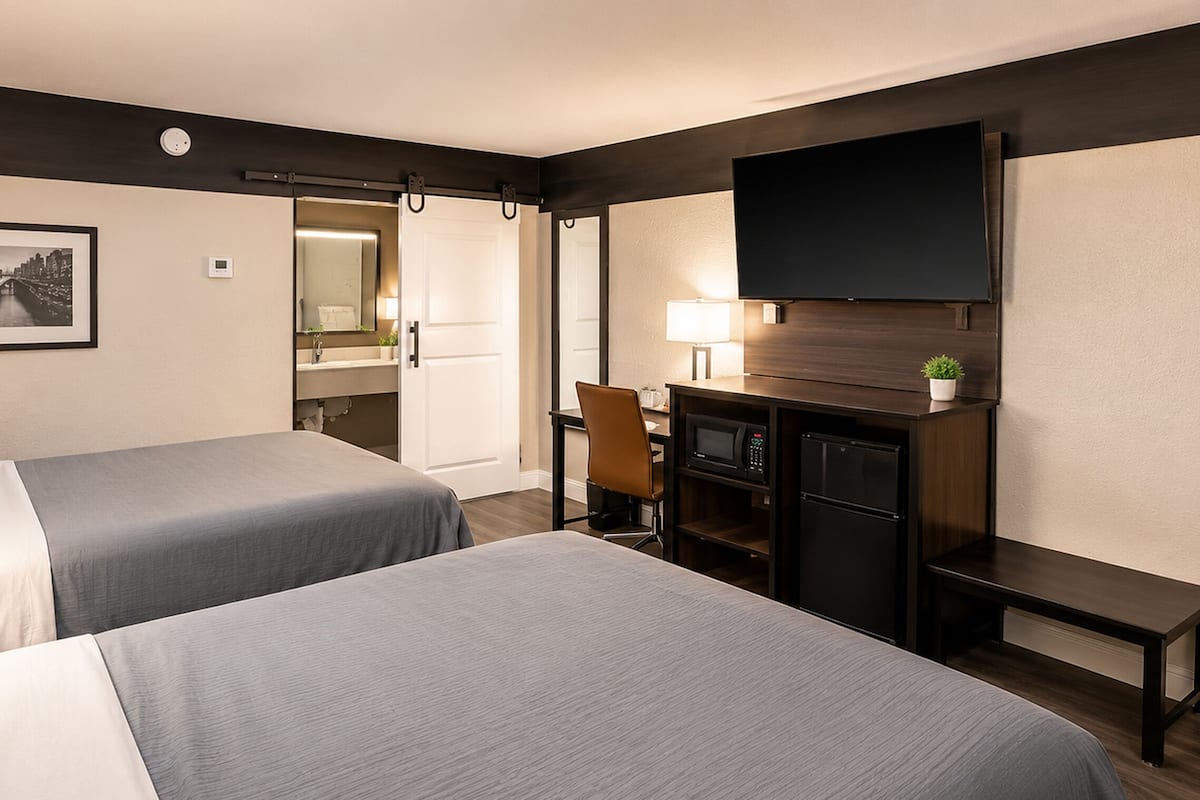 Une chambre d’hôtel avec deux lits, un bureau avec une chaise, une télévision, un four à micro-ondes et une petite plante.