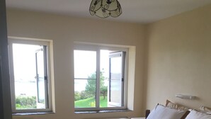 A bedroom with a bed, two windows, a radiator, and a ceiling light fixture.