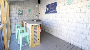 A small bar area with stools and a counter, wooden walls, and a motivational sign. - OCEANFRONT, 17 BRs, Ocean Views, Priv Pool, Rec Rm, Theatr Rm! 4x1487, The Dream (Corolla)