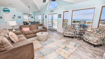 TV, fireplace, books, stereo