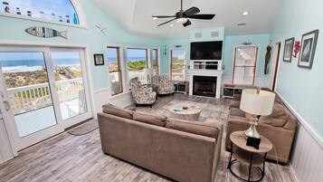 TV, fireplace, books, stereo