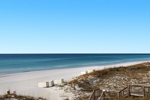 On the beach, sun loungers