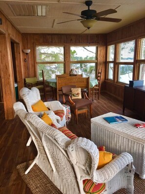 Smart TV, fireplace, DVD player, books