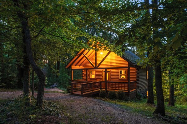 A wooden cabin with a porch and windows, surrounded by trees.