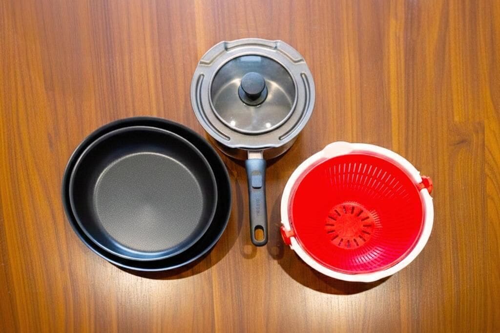 A wooden surface with three kitchen items: a black pan, a grey pot with a lid, and a red colander.