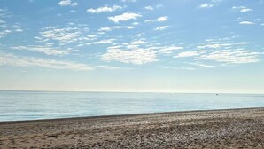 Een strand met een heldere lucht en rustig water.